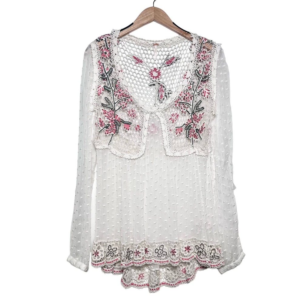 Free People White Floral Embroidered Button Down Top